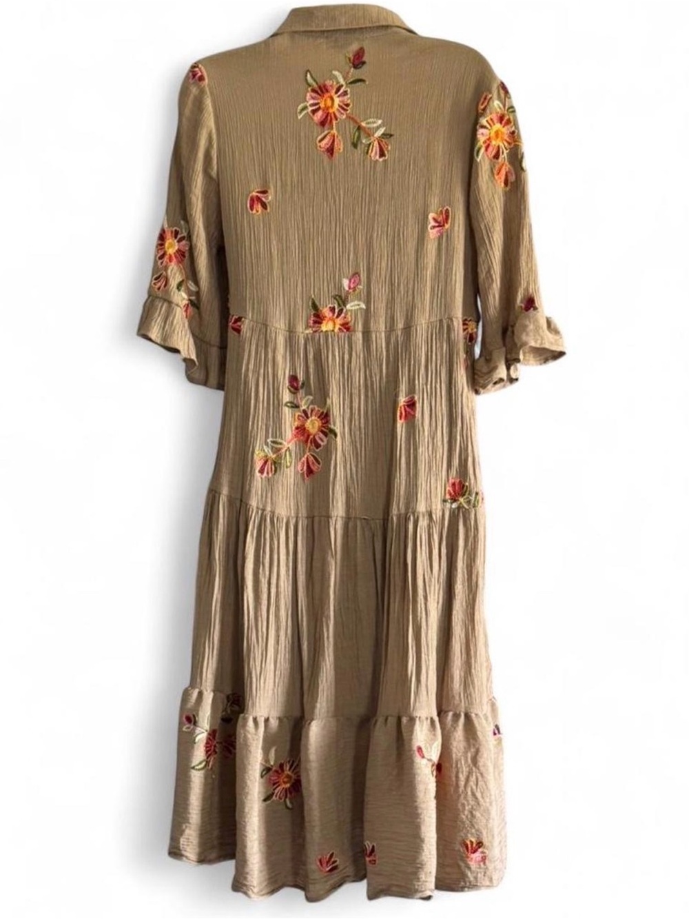 Fig & Flower Embroidered Tiered Boho Midi Dress Taupe Floral Cottagecore M - Picture 5 of 8